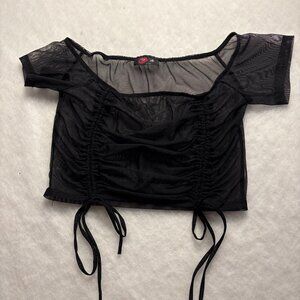 Women’s Inc USA Black Sheer Mesh Rushed Tie Crop Top Elastic Neck Sz S Goth Vamp